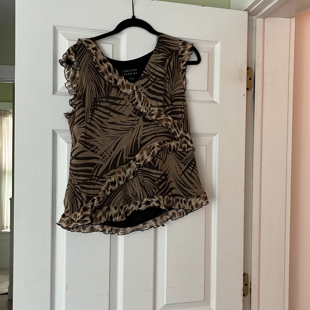 Spenser Jeremy Silk Leaf-Leopard ruffled Sleeveless brown Top size L